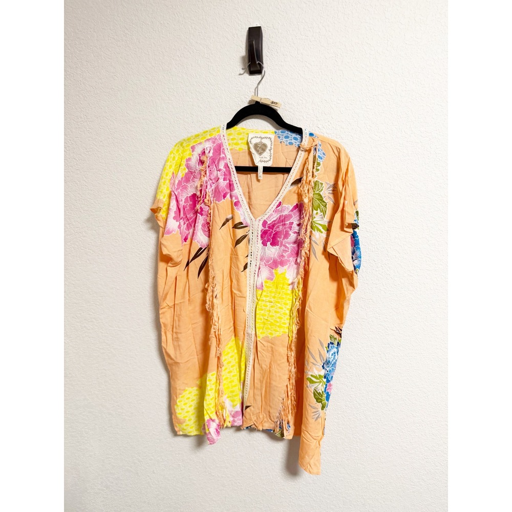 Z&L Europe Women Peach Floral Fringe V-Neck Kaftan Top Boho Viscose S715913